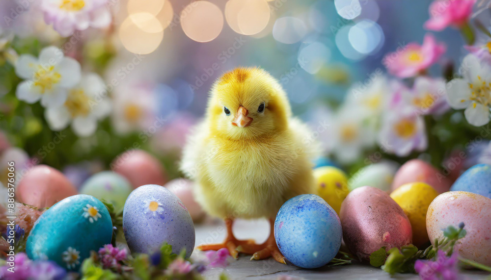 Cozy composition with cute and funny little yellow chicken and painted colorful Easter eggs against blurred flowers background. Beautiful spring greeting card. Cozy composition with cute and funny little yellow chicken and painted colorful Easter eggs against blurred flowers background. Beautiful spring greeting card.