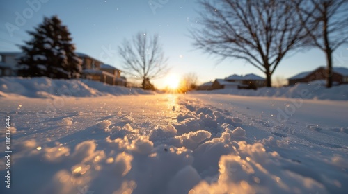 A beautiful scene of sunset casting golden hues over a snow-covered street, with footprints leading into the distance, evoking feelings of nostalgia and solitude.