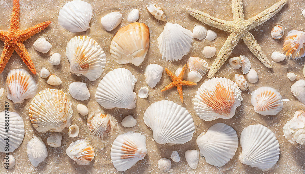 Top view of a sandy beach with collection of seashells and starfish as natural textured background for aesthetic summer design Top view of a sandy beach with collection of seashells and starfish as natural textured background for aesthetic summer design