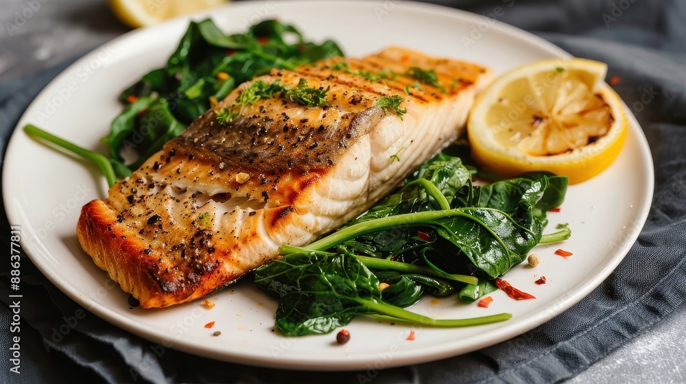 Grilled Salmon Fillet with Fresh Spinach and Lemon on a White Plate Grilled Salmon Fillet with Fresh Spinach and Lemon on a White Plate