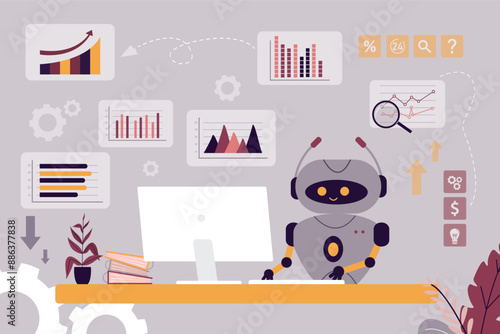 Robot working at workplace. Trading robot trades on stock market, bot analyst studying charts and graphs. Financial smart chatbot and various diagrams.