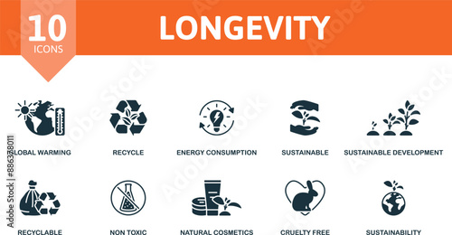 Longevity icon set. Global Warming, Recycle, Energy Consumption, Sustainable, Sustainable Development, Recyclable, Non Toxic, Natural Cosmetics, Cruelty Free, Sustainability icons.