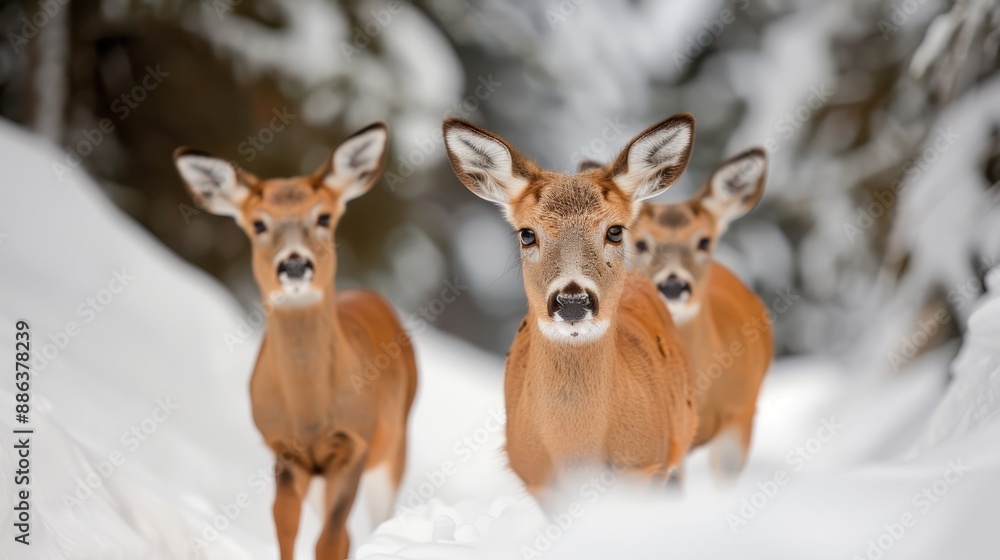 A close-up shot of three deer standing together in a snowy forest, their alert expressions and warm brown fur contrasting with the cold, white snow, evoking a sense of wildlife beauty. A close-up shot of three deer standing together in a snowy forest, their alert expressions and warm brown fur contrasting with the cold, white snow, evoking a sense of wildlife beauty.