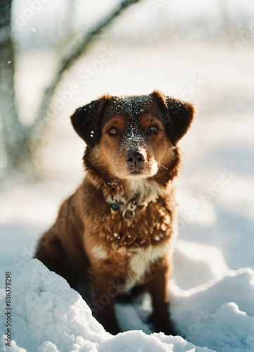 Portra 400 photo of a cute brown dog sitting in the snow 