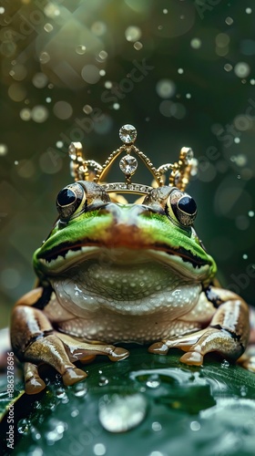 Playful Cute frog prince. Animal crown nature © CREATIVE STOCK