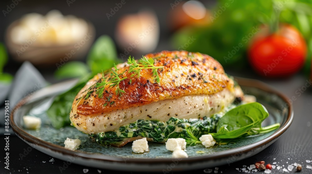 Delicious Grilled Chicken Breast with Spinach and Feta Cheese on a Rustic Plate Delicious Grilled Chicken Breast with Spinach and Feta Cheese on a Rustic Plate