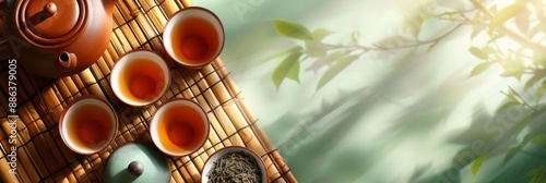 Serene tea setup with clay teapot and filled teacups on bamboo mat