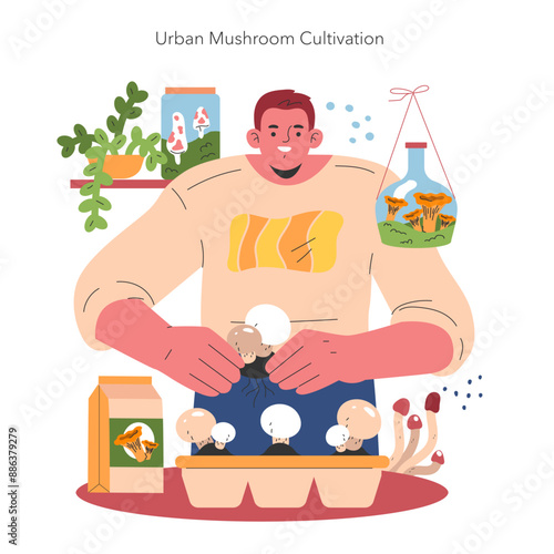 Mushroom Cultivation. Flat Vector Illustration