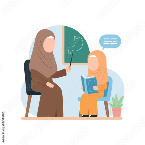 Teacher and student interacting in a learning environment flat vector cartoon illustration