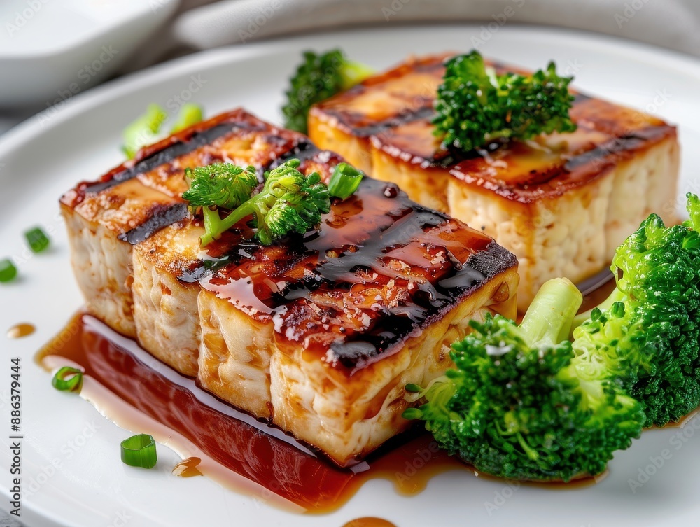 Grilled Tofu with Broccoli and Teriyaki Sauce on a White Plate - Healthy Vegan Cuisine Grilled Tofu with Broccoli and Teriyaki Sauce on a White Plate - Healthy Vegan Cuisine