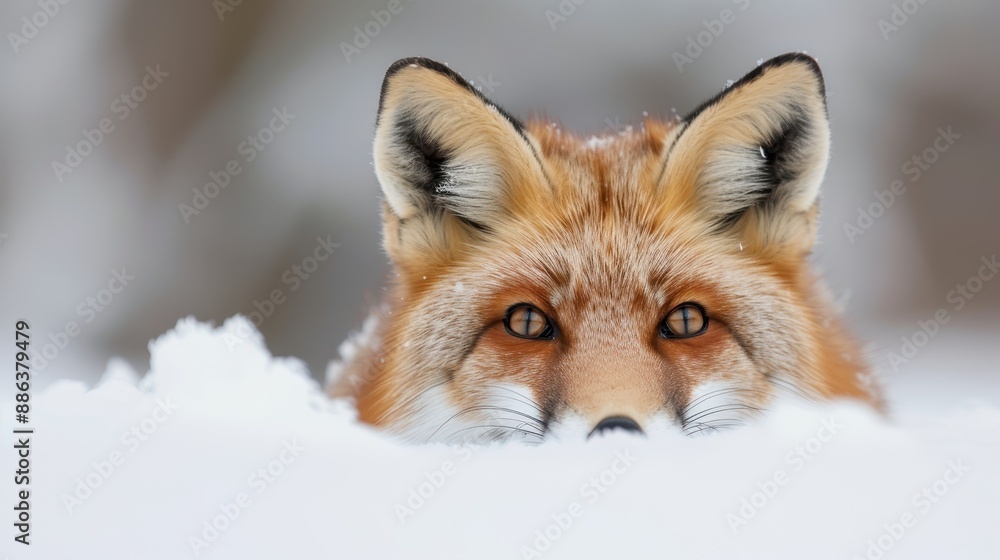 Fototapeta premium The tips of a fox's ears peek out from the snow against a softly blurred bokeh background, capturing a whimsical and serene winter moment.