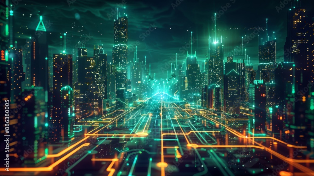 Fototapeta premium Futuristic Smart Cyber City illustration: Innovative Urban Landscape in Digital Circuitry, futuristic technology concept, Graphic Resources, Wallpapers, Brochure, Websites, banner design, Advertising,