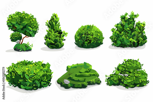 Set of decorative vector bush illustrations on a white background. Green flat bushes on white background. Green grass vector set. Shrub bush shrubbery tree simple abstract. Eco element, foliage