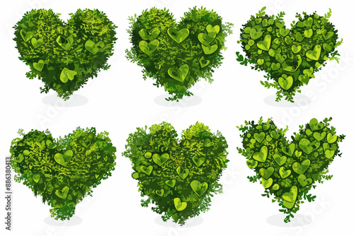 Set of decorative vector heart shaped bush illustrations on a white background. Green flat bushes on white background. Green grass vector set. Shrub bush shrubbery tree simple abstract. foliage