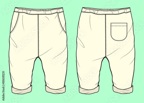 baby unsex terry fleece turn up pants fashion illustration flat sketch vector. 