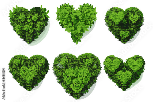 Set of decorative vector heart shaped bush illustrations on a white background. Green flat bushes on white background. Green grass vector set. Shrub bush shrubbery tree simple abstract. foliage