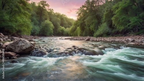 Flowing mountain river in the forest with crystal clear water