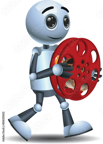 3D illustration of a little robot  worker carry movies roll symbol on isolated white background