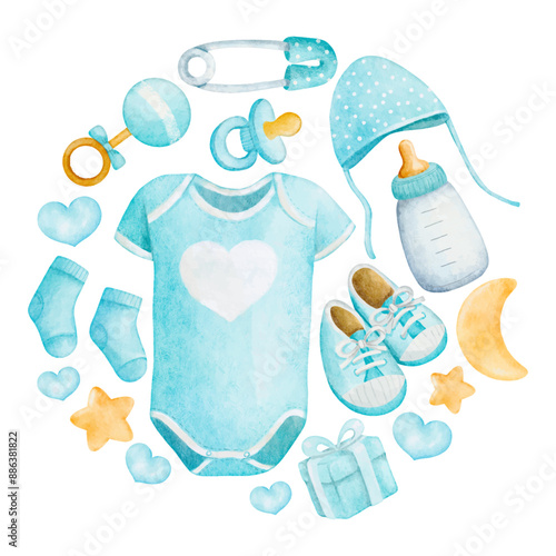 Round composition of accessories for newborn boy, bodysuit, soother, cap, socks, toy, stars, and teether. Isolated watercolor design vector for baby shower decor