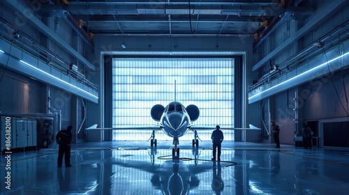 aerodynamics testing in a high-tech wind tunnel, aircraft model undergoing rigorous tests, engineers analyzing airflow patterns and data photo