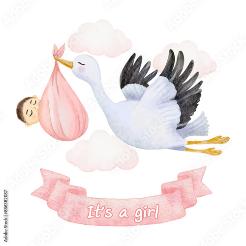 Baby shower card It's a girl with a flying stork carries a baby girl on sky background. Watercolor baby shower. Vector illustration