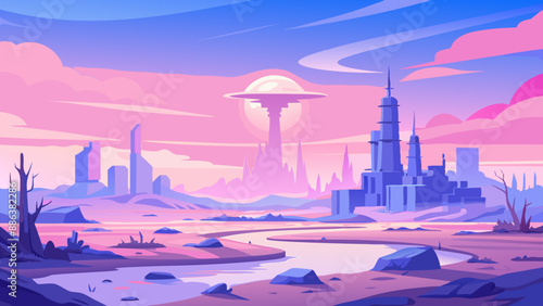 Post apocalyptic landscape with ruined city after nuclear war.