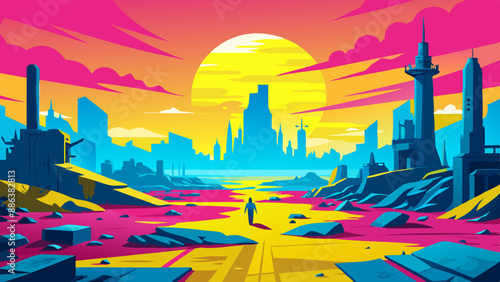 Post apocalyptic landscape with ruined city after nuclear war.