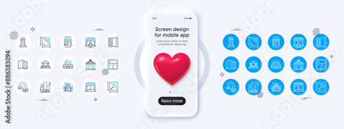 Phone mockup with 3d heart icon. Marketplace, Painter and Open door line icons. Pack of Market buyer, Square area, Window icon. Arena stadium, Triangle area, Market seller pictogram. Vector