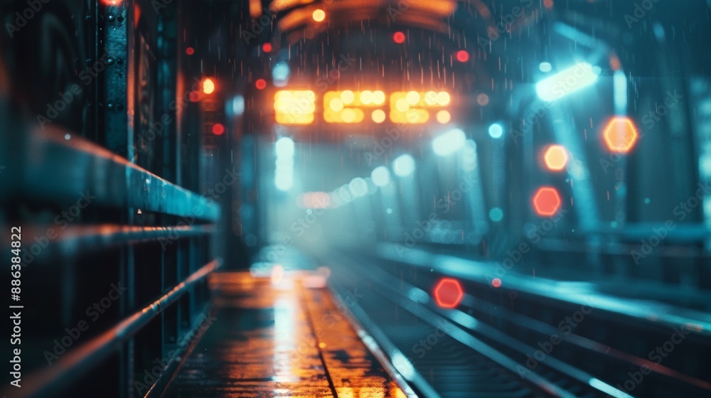 Empty Subway Platform During Rainy Night With Blurry Lights Empty Subway Platform During Rainy Night With Blurry Lights