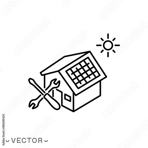 installing solar panel icon, equipment service alternative energy, thin line symbol isolated on white background, editable stroke eps 10 vector illustration