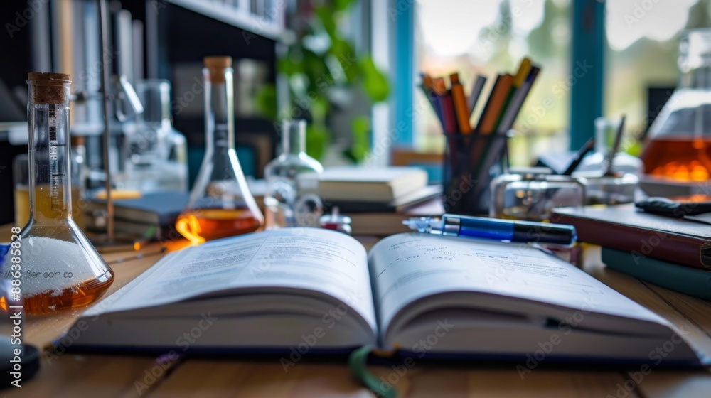 Open Book with Science Equipment in the Background. Open Book with Science Equipment in the Background.