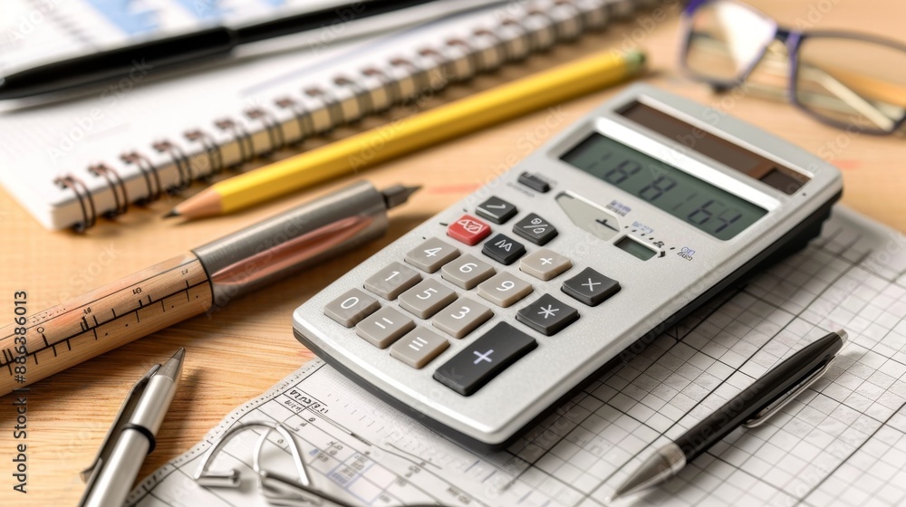 Calculator on a Desk with a Notebook and Pens. Calculator on a Desk with a Notebook and Pens.