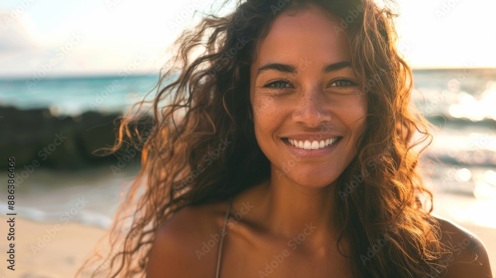 Woman With Curly Hair Smiles on Beach at Sunset Woman With Curly Hair Smiles on Beach at Sunset