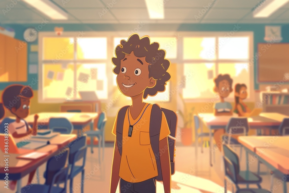 A young male student wearing a backpack sitting inside a classroom, Developing visually stunning animations for educational videos A young male student wearing a backpack sitting inside a classroom, Developing visually stunning animations for educational videos