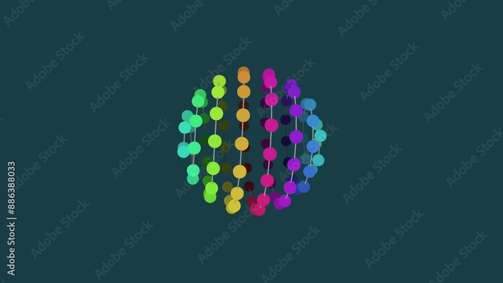 A colorful 3D molecular structure resembling a sphere, composed of interconnected circles of different colors, creating an intricate pattern