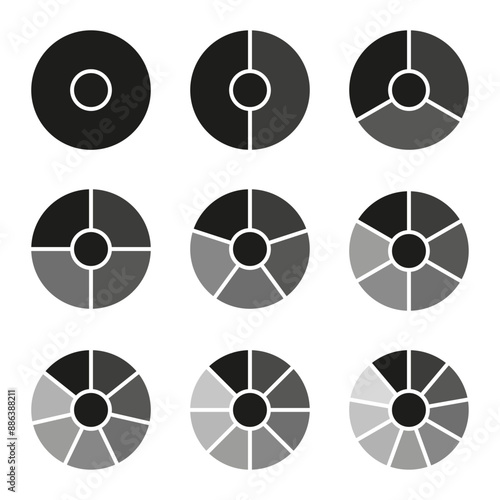 Circles divided diagram 3, 10, 7, graph icon pie shape section chart. Segment circle round vector 6, 9 devide infographic