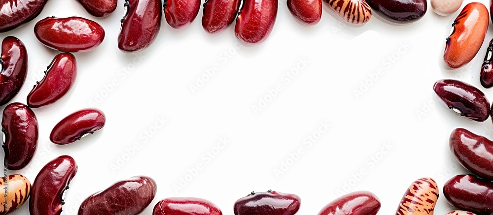 Various kidney beans arranged from above, creating a circular frame for a copy space image against a white backdrop. Various kidney beans arranged from above, creating a circular frame for a copy space image against a white backdrop.