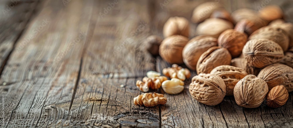 Whole nuts and shells are arranged on a rustic wooden table, with a concept of confrontation in the background copy space image. Whole nuts and shells are arranged on a rustic wooden table, with a concept of confrontation in the background copy space image.