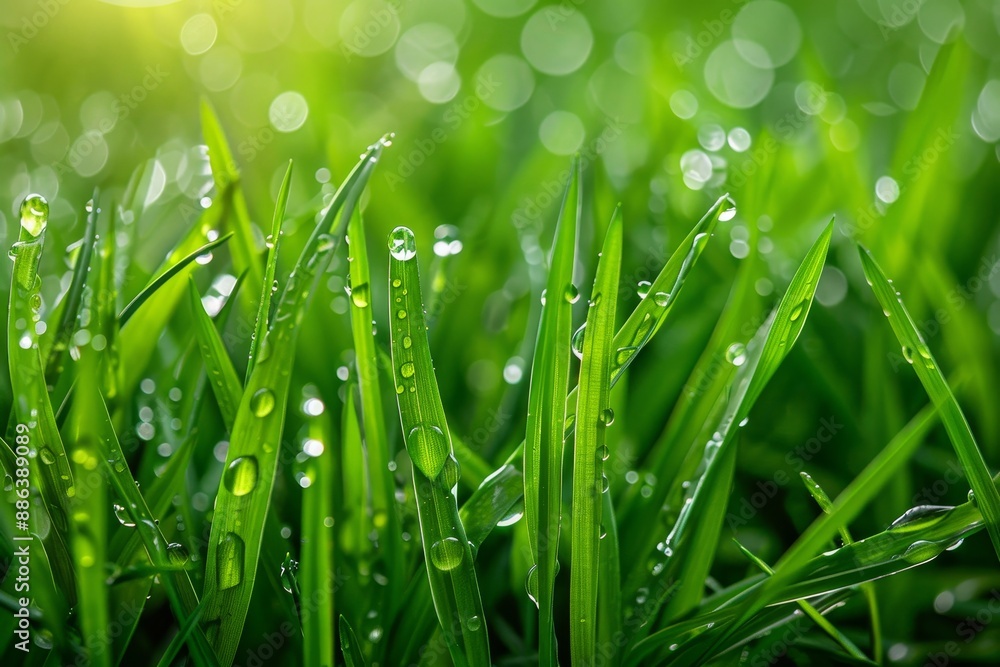 Fototapeta premium Fresh green grass covered in sparkling water droplets, Dewdrops glistening on fresh, newly grown grass