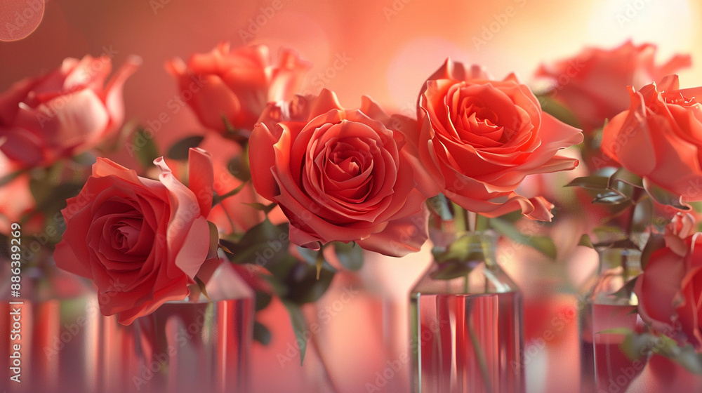 the captivating display of coral roses arranged in flasks, their warm tones infusing the plain tabletop with a sense of natural beauty and tranquility. the captivating display of coral roses arranged in flasks, their warm tones infusing the plain tabletop with a sense of natural beauty and tranquility.