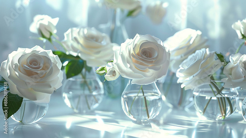 the captivating display of snow-white roses arranged in glass flasks, their pure and pristine petals infusing the plain tabletop with a sense of purity and grace.. photo