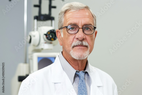 Portrait of an adult ophthalmologist in his office, vision correction clinic concept