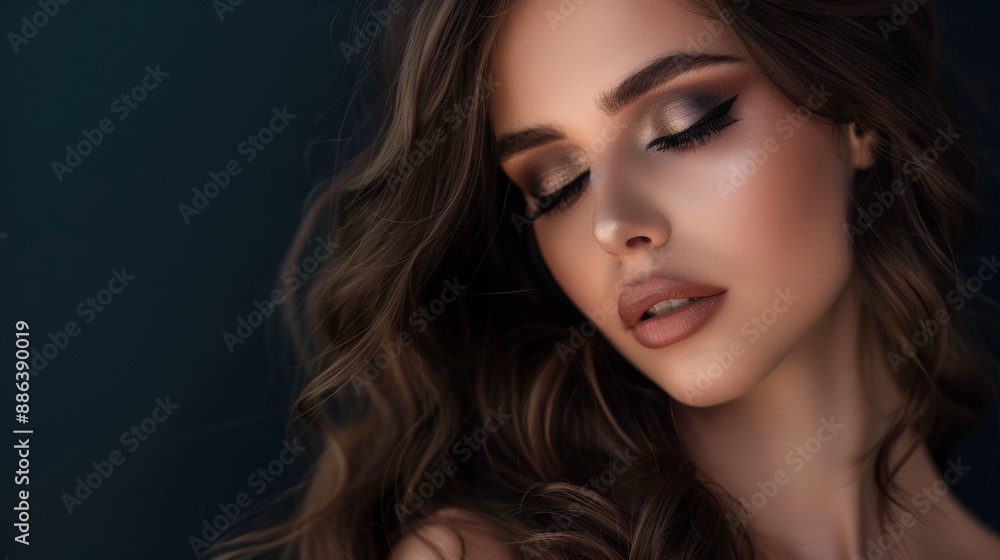 Young Woman With Wavy Brown Hair Posing Against a Dark Background Young Woman With Wavy Brown Hair Posing Against a Dark Background