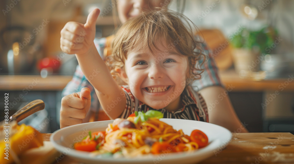 A young child is smiling and giving thumbs up while eating a plate of spaghetti. A young child is smiling and giving thumbs up while eating a plate of spaghetti.