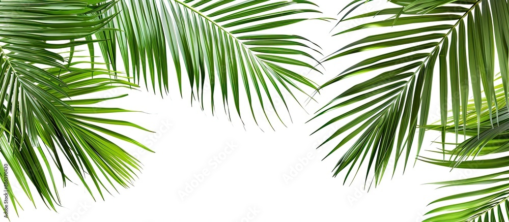 Fototapeta premium Isolated green palm leaves on a white background with a clipping path for design purposes, making it a perfect copy space image.