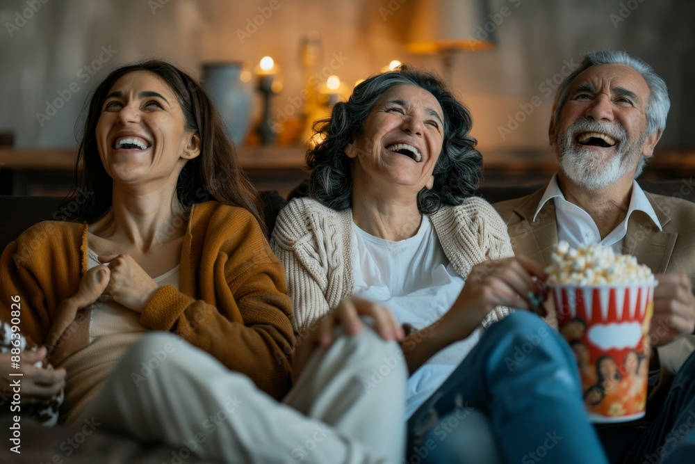 Fototapeta premium A diverse group of people from different generations enjoying a movie and laughing together, Different generations of a family sharing laughs and snacks while enjoying a movie