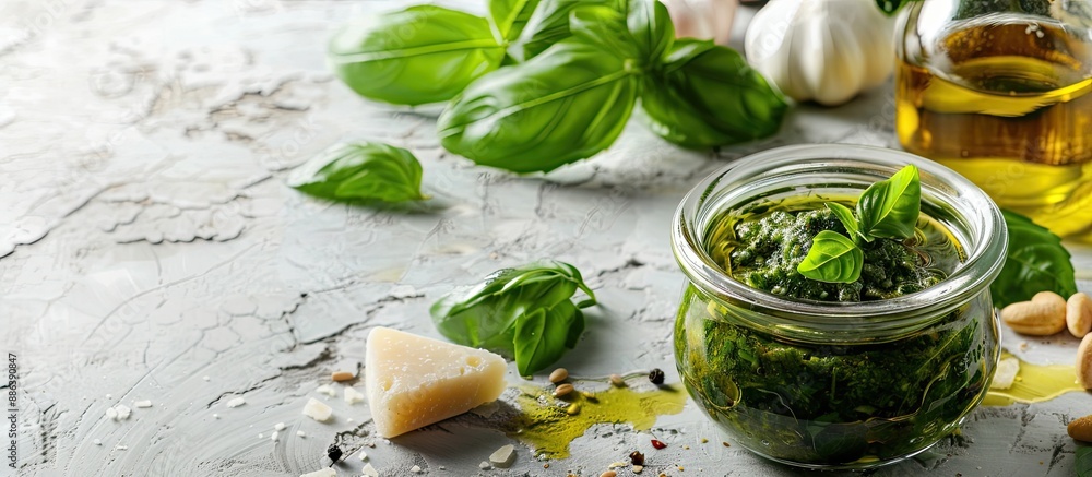 Glass jar containing homemade basil and pine nut pesto sauce adorned with parmesan cheese and olive oil, with copy space image. Glass jar containing homemade basil and pine nut pesto sauce adorned with parmesan cheese and olive oil, with copy space image.