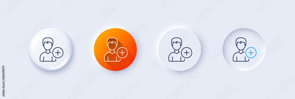 Add User line icon. Neumorphic, Orange gradient, 3d pin buttons. Profile Avatar sign. Male Person silhouette symbol. Line icons. Neumorphic buttons with outline signs. Vector Add User line icon. Neumorphic, Orange gradient, 3d pin buttons. Profile Avatar sign. Male Person silhouette symbol. Line icons. Neumorphic buttons with outline signs. Vector