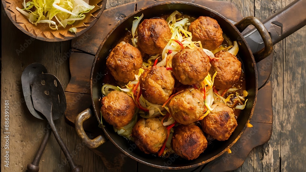 Fried meat balls with cabbage. Rustic and savory meal served in iron pan on wooden table Fried meat balls with cabbage. Rustic and savory meal served in iron pan on wooden table