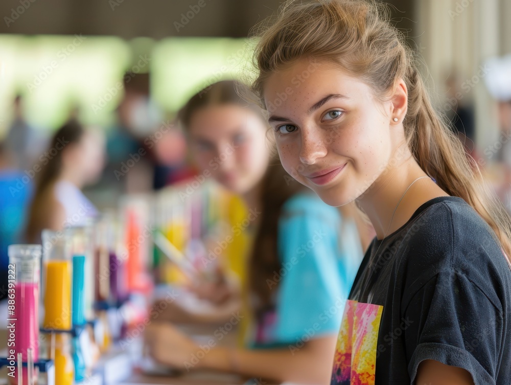 Obraz premium Young Woman Smiling at Art Workshop with Colorful Paints and Brushes in Background